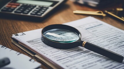 Analyzing Financial Documents: A Close-Up View with a Magnifying Glass and Calculator on a Wooden Desk