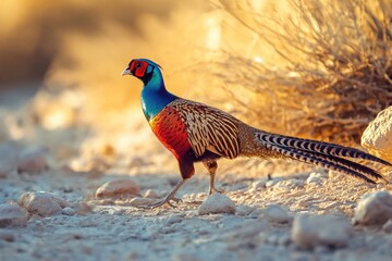 Fototapeta premium Vibrantly Colored Pheasant Roaming on Arid Landscape