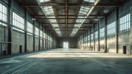 Industrial warehouse interior, high ceilings, empty