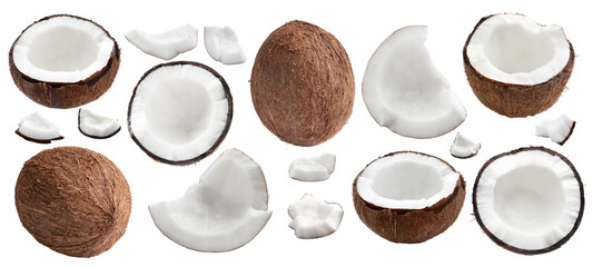 Coconuts isolated on white, collage. Whole and pieces