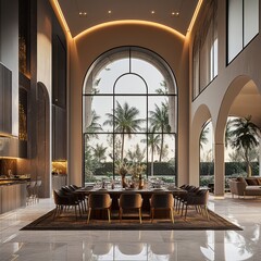 Fototapeta premium Modern Living Space with High Ceiling Exposed Beams and Fireplace.