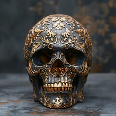 Human skull made of gold and wood