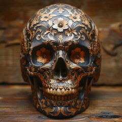 Human skull made of gold and wood