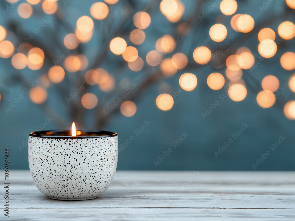 Aufkleber Burning candle illuminating empty table with sparkling bokeh lights