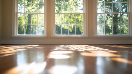 Bright room with wooden floor and large windows showcasing greenery.