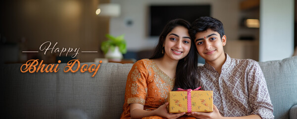 Happy Bhai Dooj Festival Banner with Indian Siblings Holding Gift at Sofa Photo. Fictional Character Created By Generative AI.
