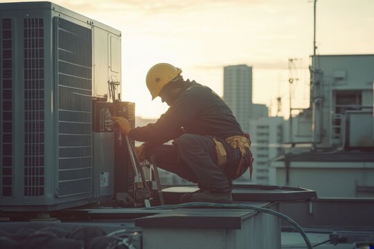 Technician working on rooftop HVAC unit at sunset