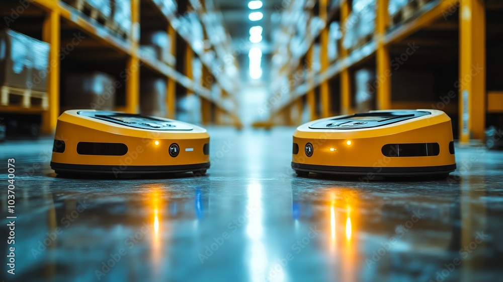 Poster automated efficiency.two sleek, yellow robots navigate a vast warehouse aisle, exemplifying the futu