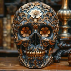 Human skull made of gold and wood