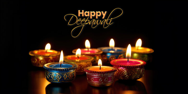Happy Deepawali Festival Banner with Illuminated Oil Lamps (Diya) in Colorful.