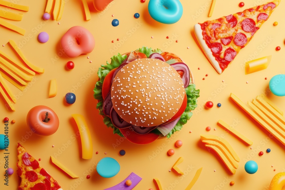 Poster an array of colorful fast food icons featuring burgers, pizza, fries, and playful shapes is presente