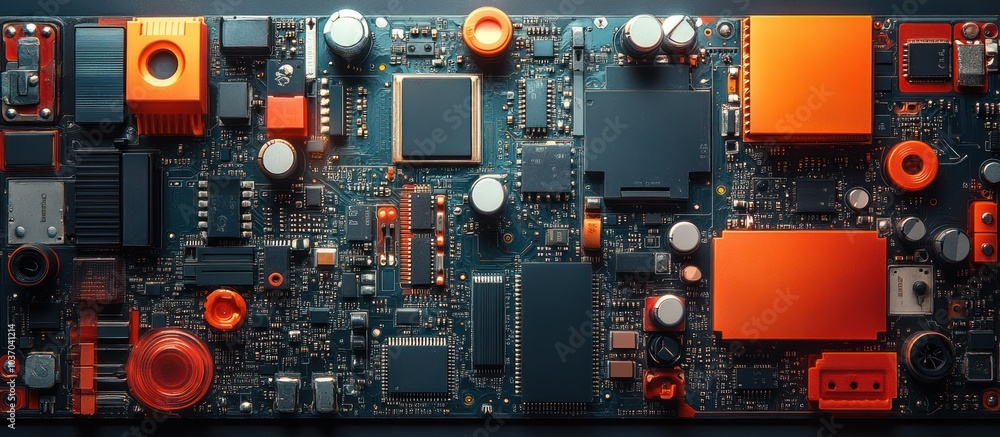 Poster a close-up of a circuit board featuring various electronic components and connections.