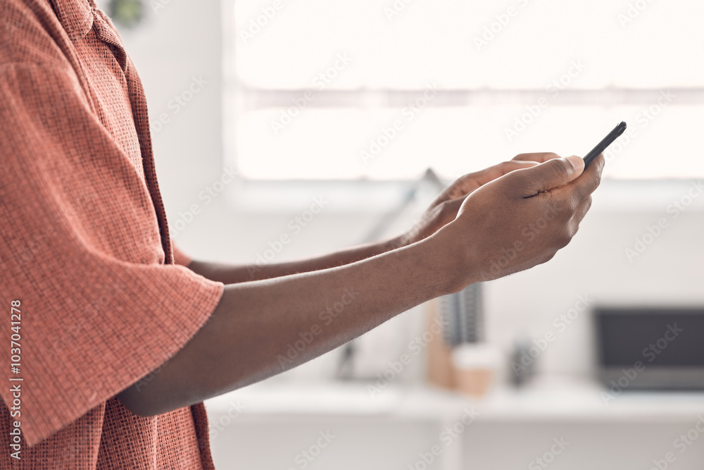 Poster Hands, smartphone and texting for contact in office, startup and notification on break at media company. Person, phone and scroll for chat, web and mobile app with social network at creative agency