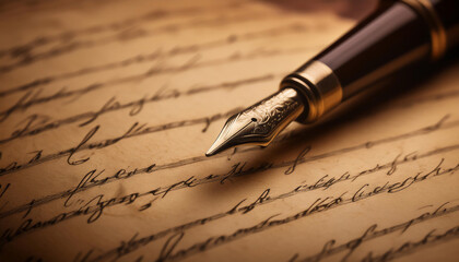 Handwriting and written communication, featuring symbols like a pen, paper, and cursive writing, ideal for topics related to education, creativity, and personal expression.