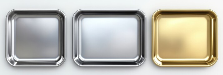 Three rectangular metal trays in silver and gold on white background