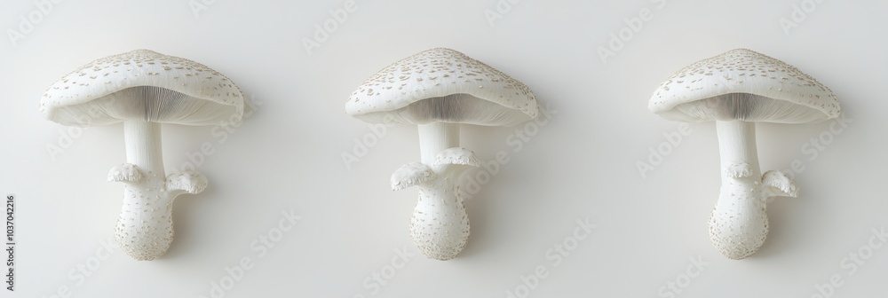 Wall mural three white mushrooms with textured caps on a minimalist white background