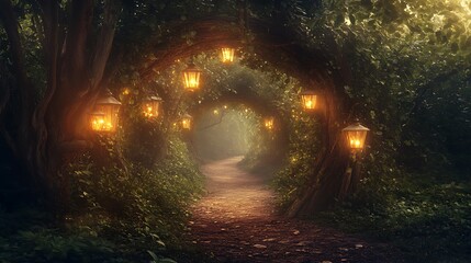 A magical forest path illuminated by lanterns leading to a mystical doorway