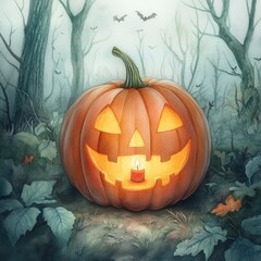 Jack-o'-Lantern with Candle in a Foggy Forest with Bats Flying Overhead