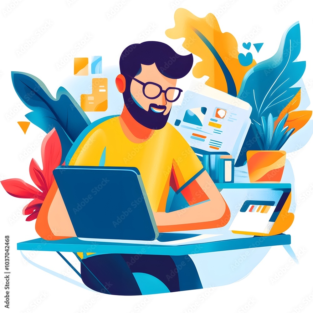 Poster man working on laptop with colorful abstract background