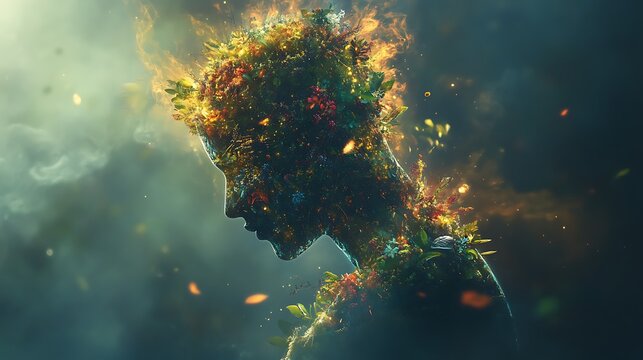 An abstract human form merging with nature representing unity and connection
