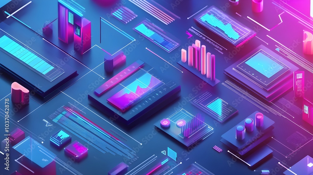 Poster abstract futuristic data visualization with neon lights and geometric shapes