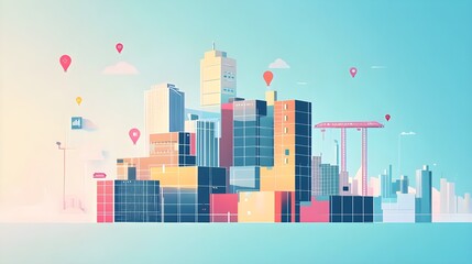 Modern City Skyline with Hot Air Balloons and Construction Crane