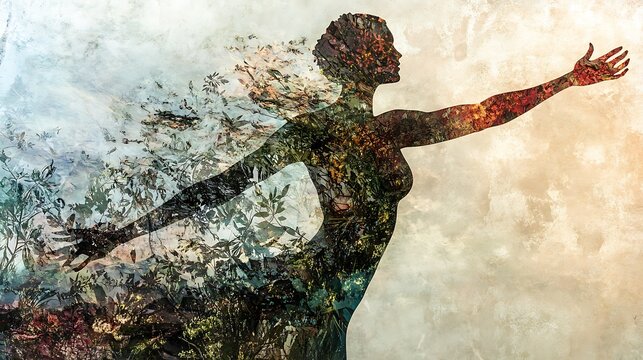 An abstract human form merging with nature representing unity and connection