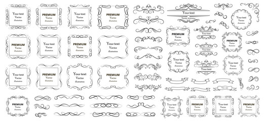 Calligraphic design elements . Decorative swirls or scrolls, vintage frames , flourishes, labels and dividers. Retro vector illustration.