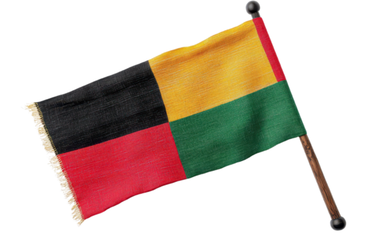 Colorful flag with black, yellow, green, and red stripes on a white background.