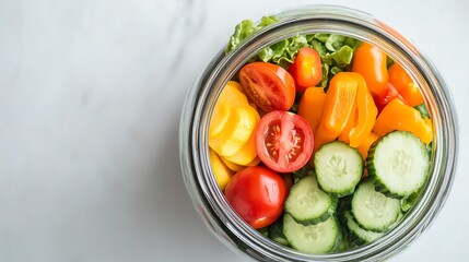 A glass container filled with fresh salad ingredients: cucumbers, tomatoes, bell peppers, and lettuce.