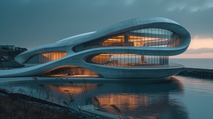 Modern and futuristic building at sunset  