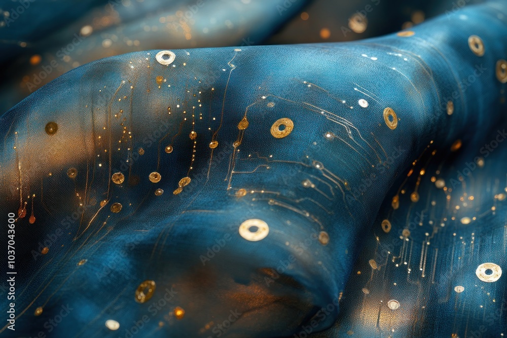 Poster a close-up of textured fabric with a blue background and golden circular patterns.