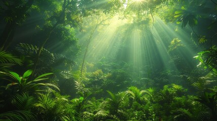Sun rays streaming through dense jungle canopy