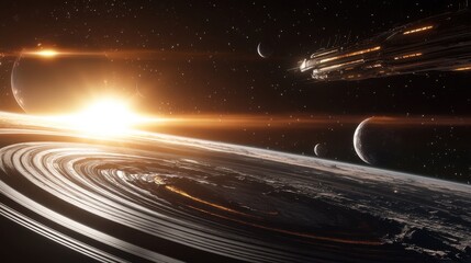 A futuristic colony ship in orbit above a distant exoplanet, rings and multiple moons visible, shining stars providing a backdrop to space exploration, cosmic travel, interplanetary colonization