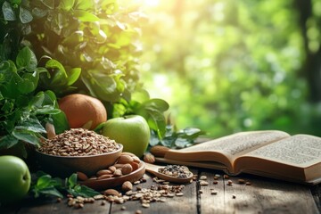 A serene morning scene with oats, fruits, and an open book in a lush garden setting