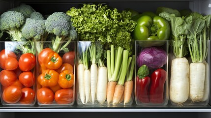 Fresh vegetables organized in clear containers in a refrigerator.