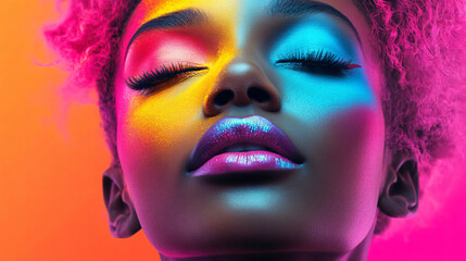 A stylized portrait of a person with vibrant makeup, focusing on bold colors and artistic expression.