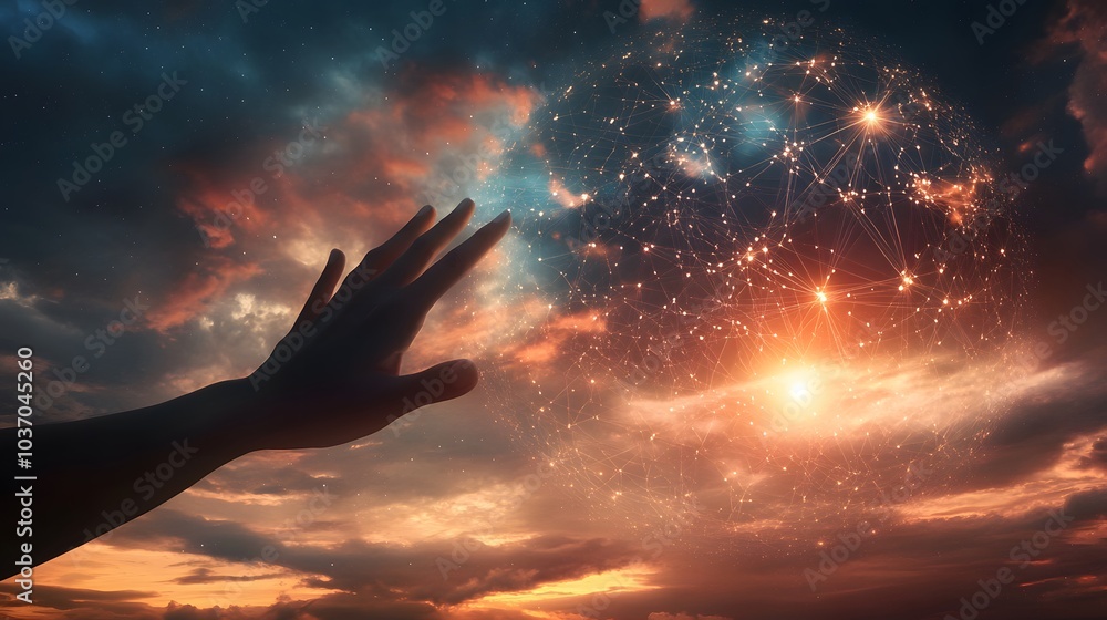 Poster abstract science, hands touching earth and circle global network connection communication on sunset 