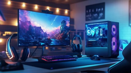 Fototapeta premium 3D-rendered gamer desk environment featuring ambient LEDs, a tower case on display, and customizable lighting.