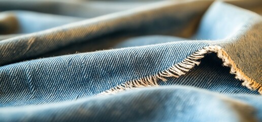 Close-up of folded denim fabric showcasing texture and frayed edges.