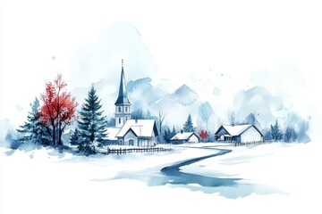 Winter landscape with a quaint village, snow-covered trees, and a church in the mountains during daylight