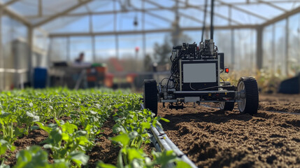 Fototapeta premium Precision agriculture robot planting seeds in greenhouse environment
