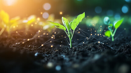 young plant growing in soil, enhanced by digital technology and monitoring