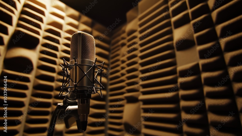 Poster a professional condenser microphone positioned on a boom arm in a soundproof booth, with padded wall