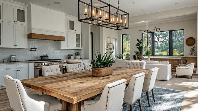 This wooden dining table surrounded by light-colored chairs captures natural light in a stylish space.