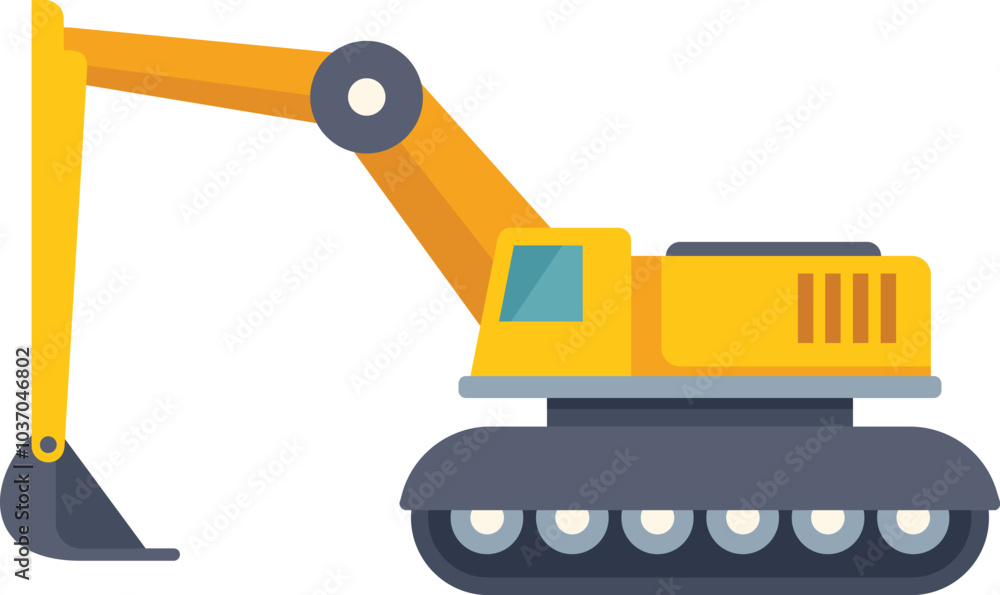 Aufkleber yellow excavator digging with extended front loader in flat design style