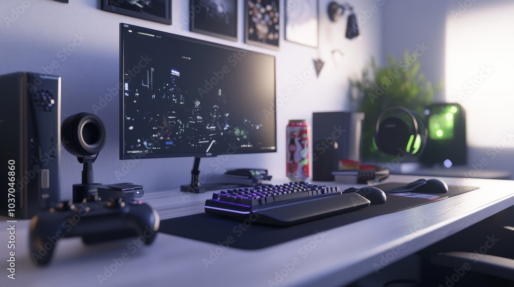 Poster gamer desk setup in 3d render with controllers, gaming headset, illuminated keyboard, and energy dri