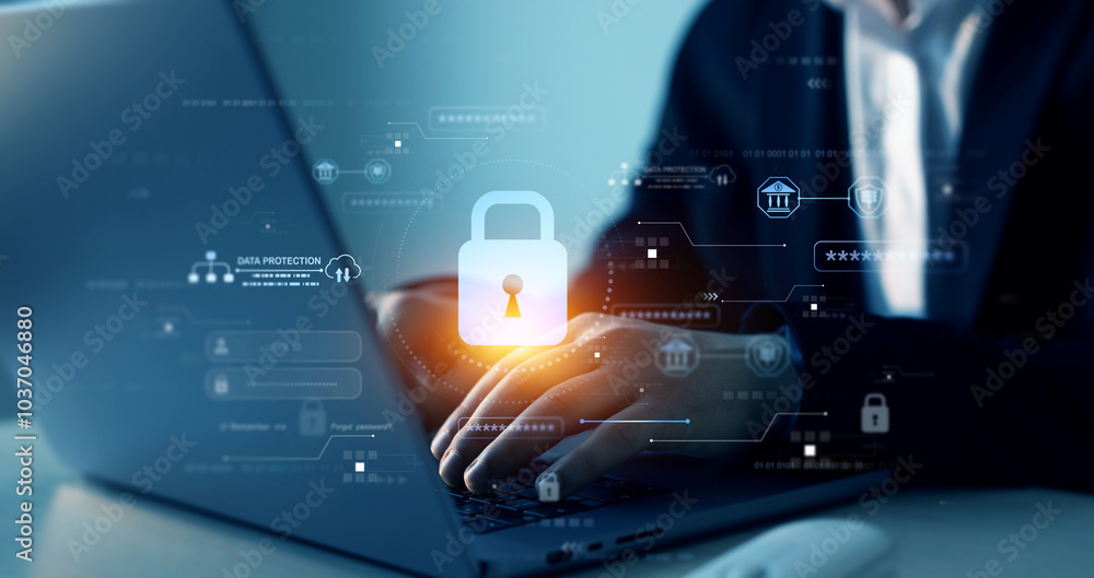 Poster network security system. protecting herself from cyber attacks and personal data.protection data acc