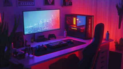 Naklejka premium Gamer desk setup in 3D render with controllers, gaming headset, illuminated keyboard, and energy drinks on the side.