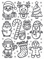 A festive coloring page featuring Santa, a reindeer, snowmen, an elf, a Christmas tree, candy cane, and holiday decorations.